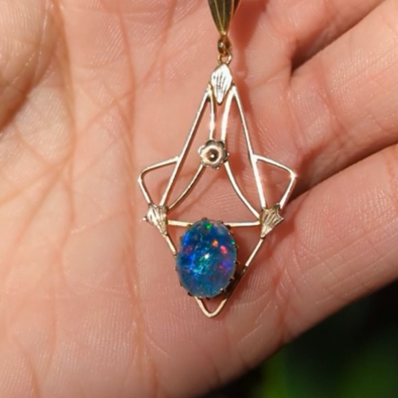 Antique Art Nouveau Australian Opal Triplet Lavaliere Pendant 9K Gold - Picture 14 of 15